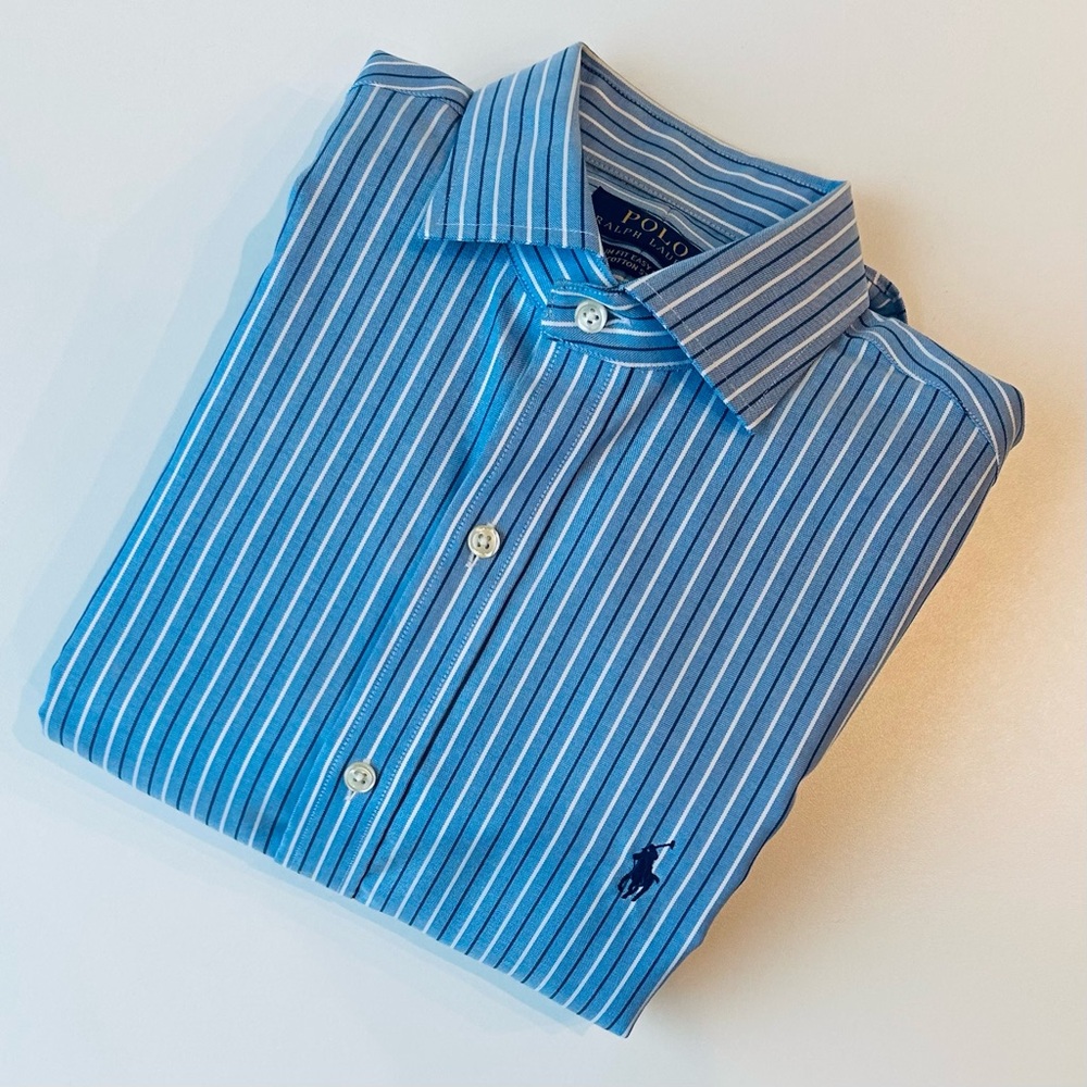 Polo Ralph Lauren Slim Fit Blue Pinstripe Shirt Easy Care Cotton Spread Collar